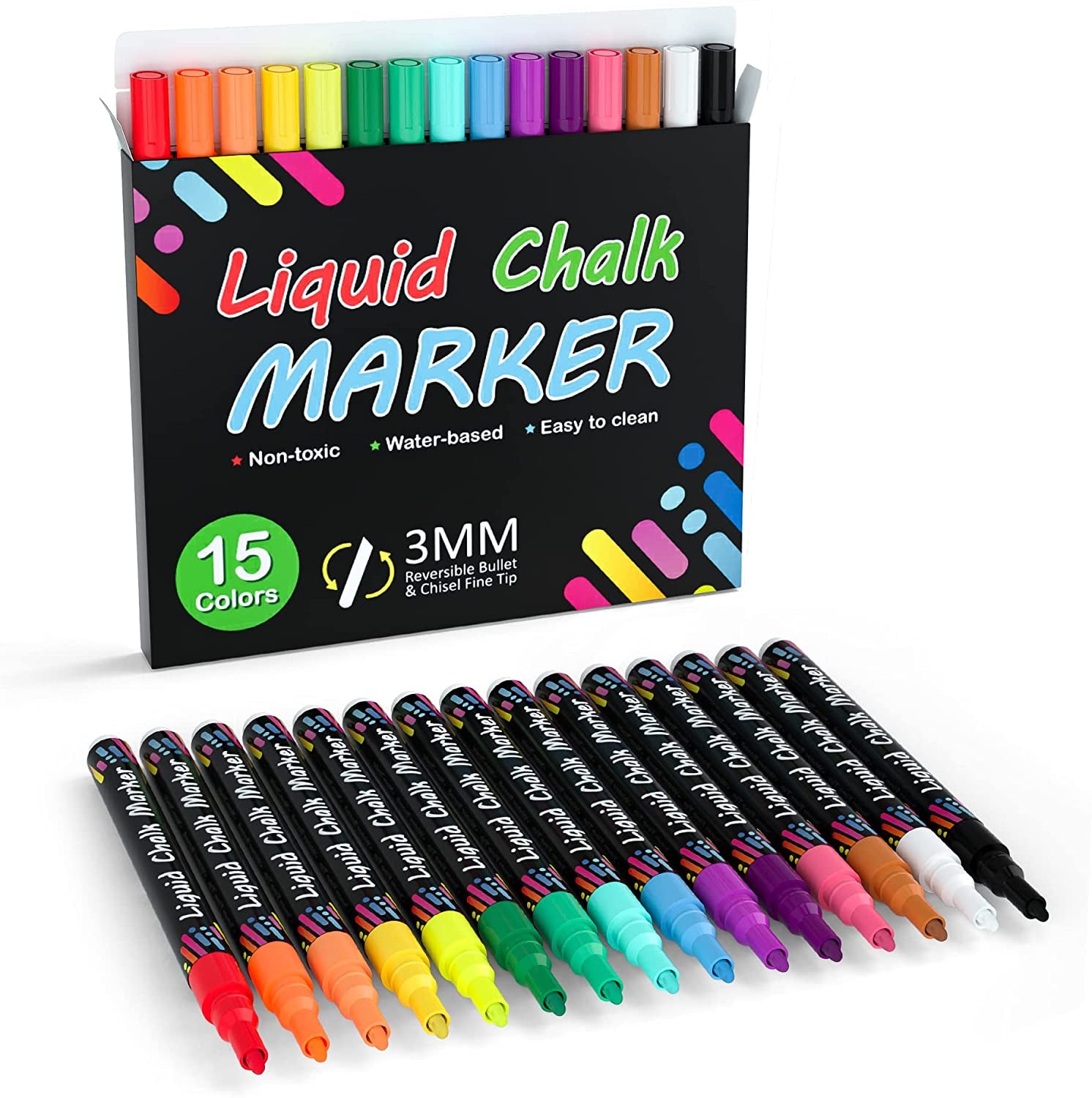 Chalk Markers, 15 Vibrant Colors Liquid Chalk Markers Pens for Chalkboards,  Windows, Glass, Cars, Water-Based, Erasable, Reversible 3Mm Fine Tip for  Office Home Supplies